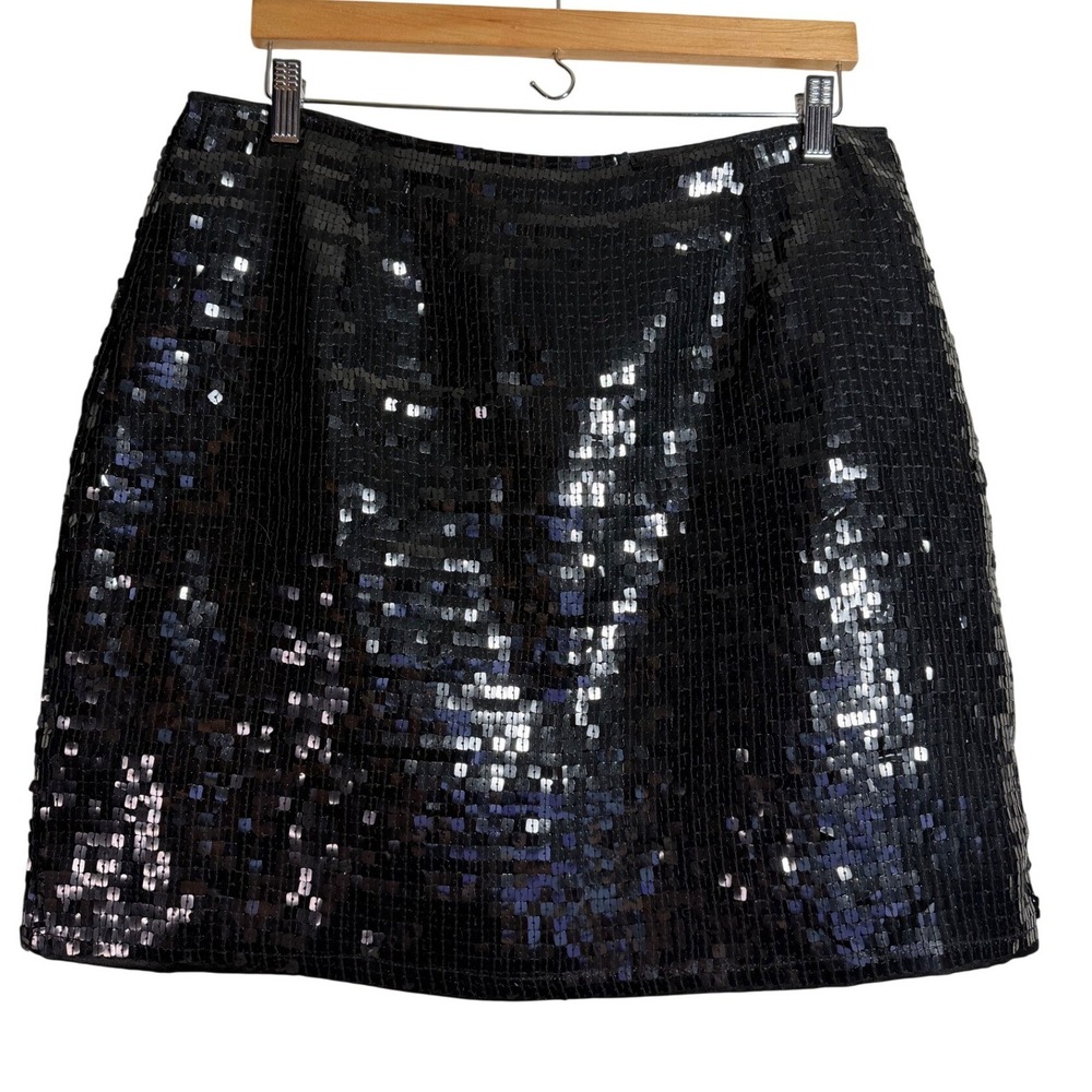 Boston Proper Black Sequin Lined Mini Skirt Party Occasion Festive Dance Size 12 - Picture 2 of 11